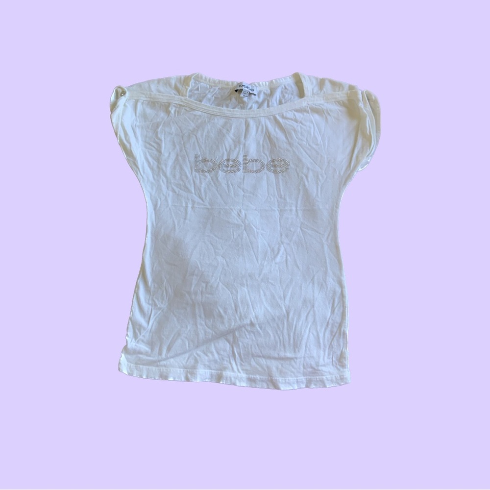BEBE women’s white and silver t-shirt with rhinestone logo